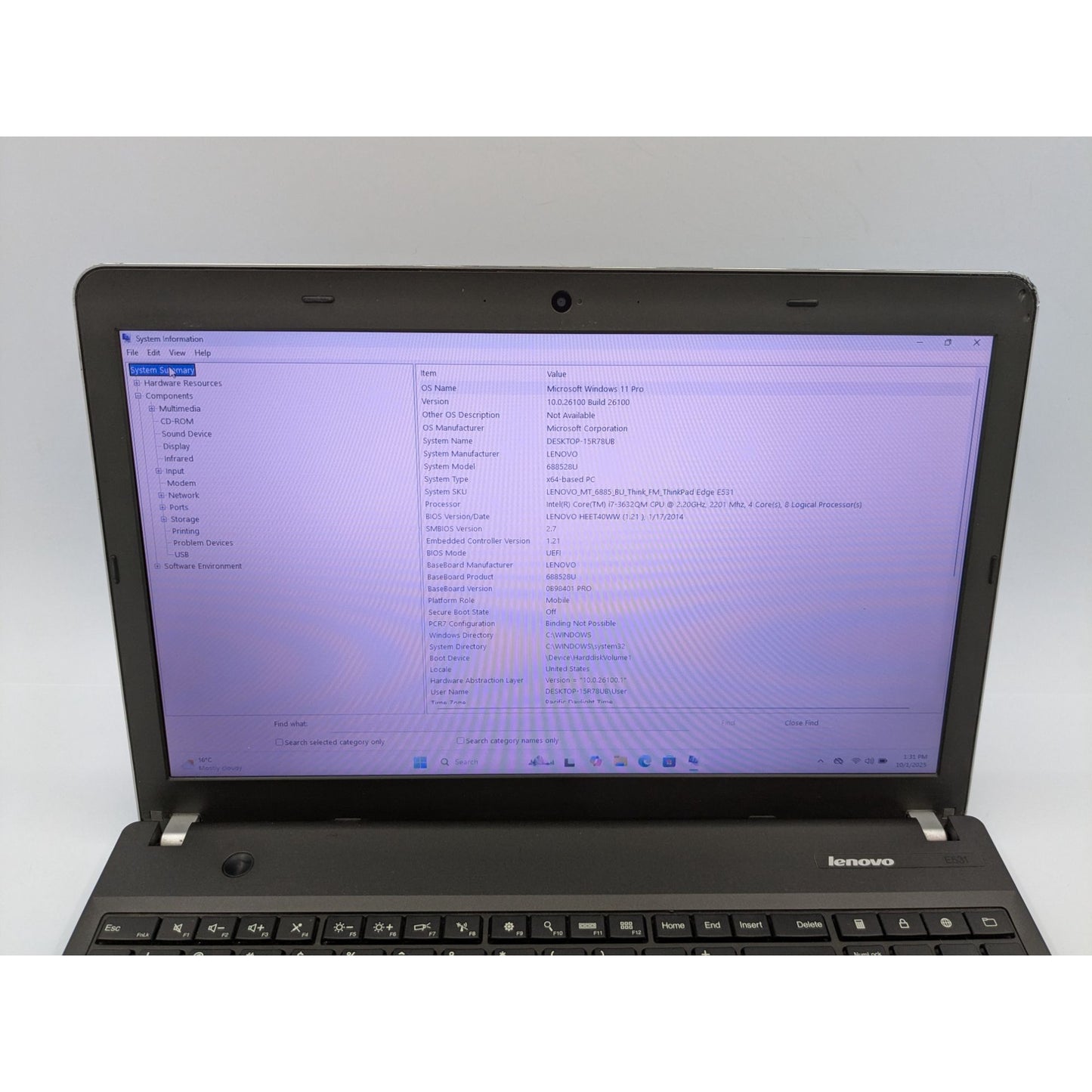 Lenovo ThinkPad E531 15.6" Intel i7-3632QM 2.20GHz 8GB RAM 120GB SSD Windows 11 Pro