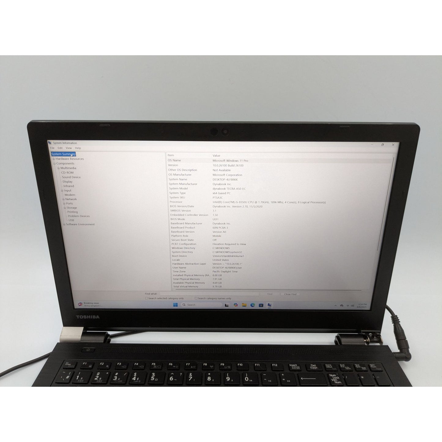 Toshiba Dynabook Tecra A50-EC 15.6" Intel i5-8350U 8GB RAM 256GB SSD Windows 11 Pro