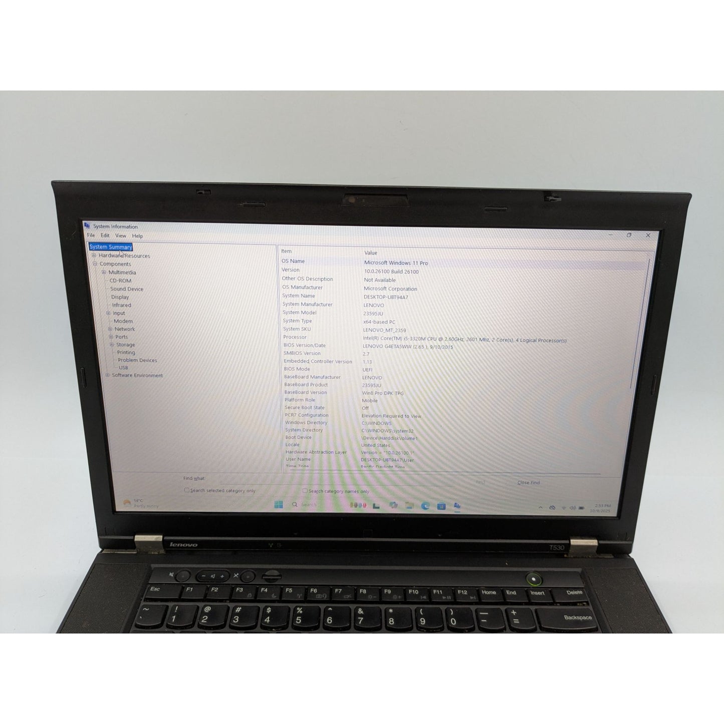 Lenovo ThinkPad T530 15.6" Intel Core i5-3320M 8GB RAM 128GB SSD Windows 11 Pro