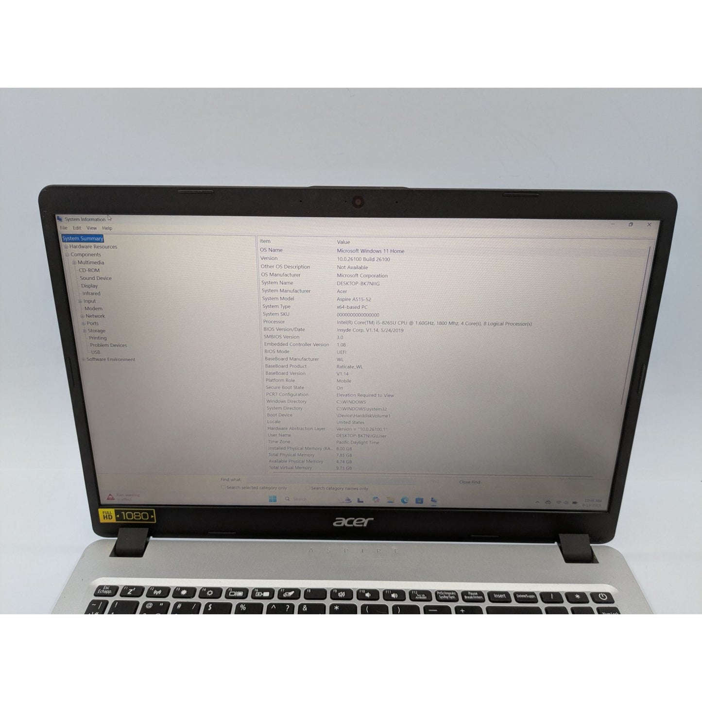 Acer Aspire A515-52-53GR 15.6" Intel Core i5-8265U 8GB RAM 256GB SSD Win11 Home