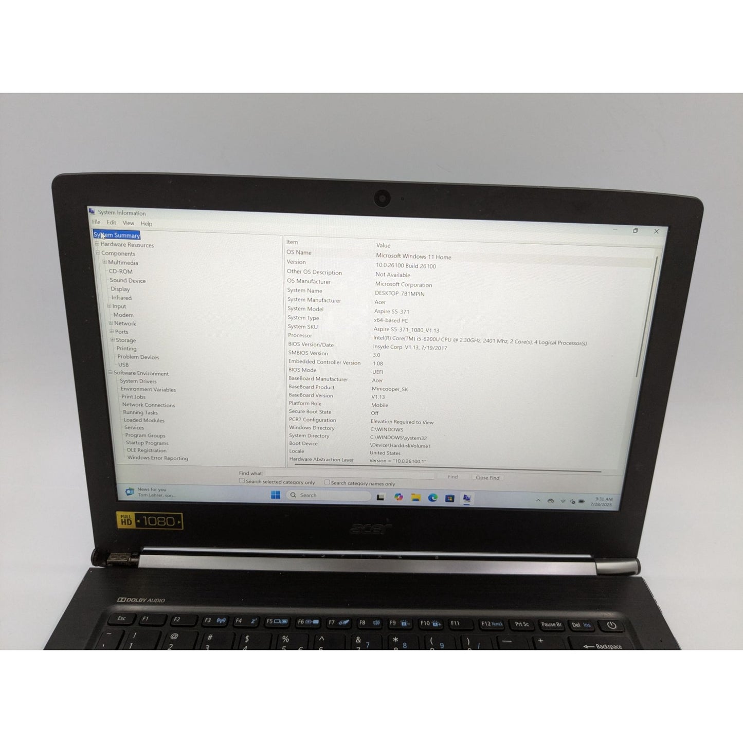 Acer Aspire S5-371 13.3" Intel i5-6200U 8GB RAM 256GB SSD Windows 11 Home 2.30 Ghz