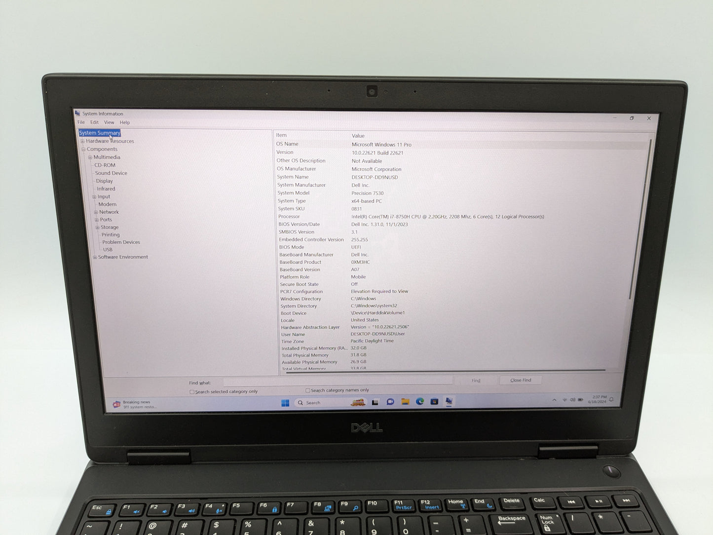 Dell Precision 7530 15.6'' i7-8750H 2.2GHz 32GB RAM 256GB Quadro P1000- Win11Pro