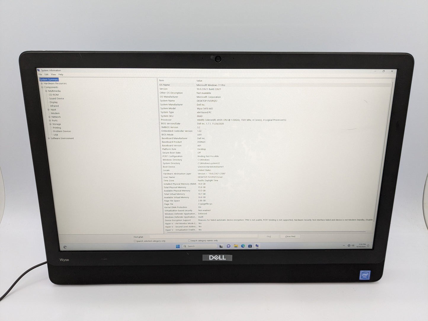 Dell WYSE 5470 AIO Celeron J4105 16G 256GSSD Nontouch WIN11 1920 x 1080 Camera