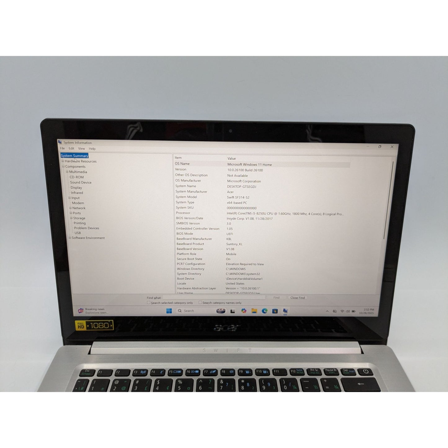 Acer Swift SF314-52-58TX 14" Intel i5-8250U 8GB RAM 128GB SSD Windows 11 Home