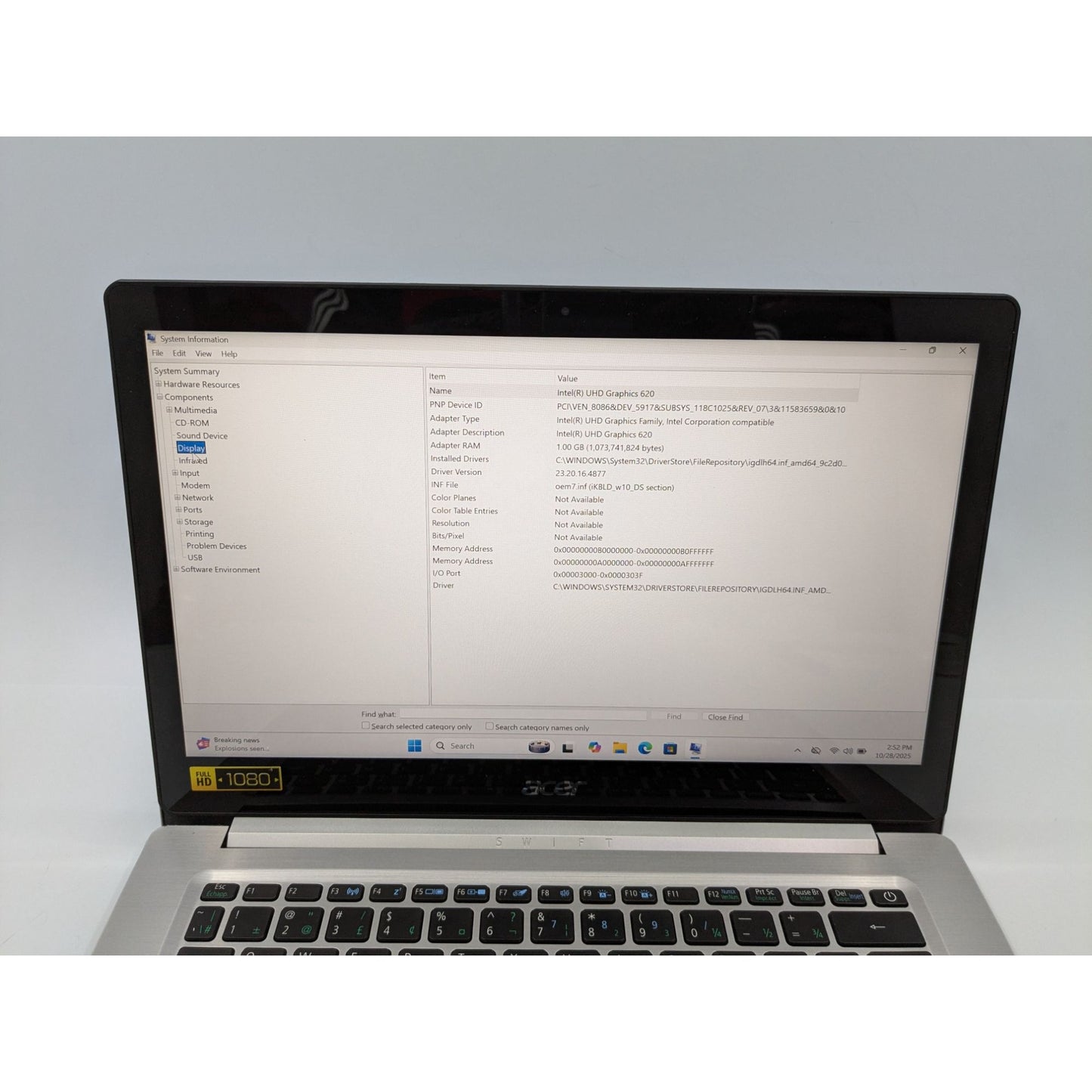 Acer Swift SF314-52-58TX 14" Intel i5-8250U 8GB RAM 128GB SSD Windows 11 Home