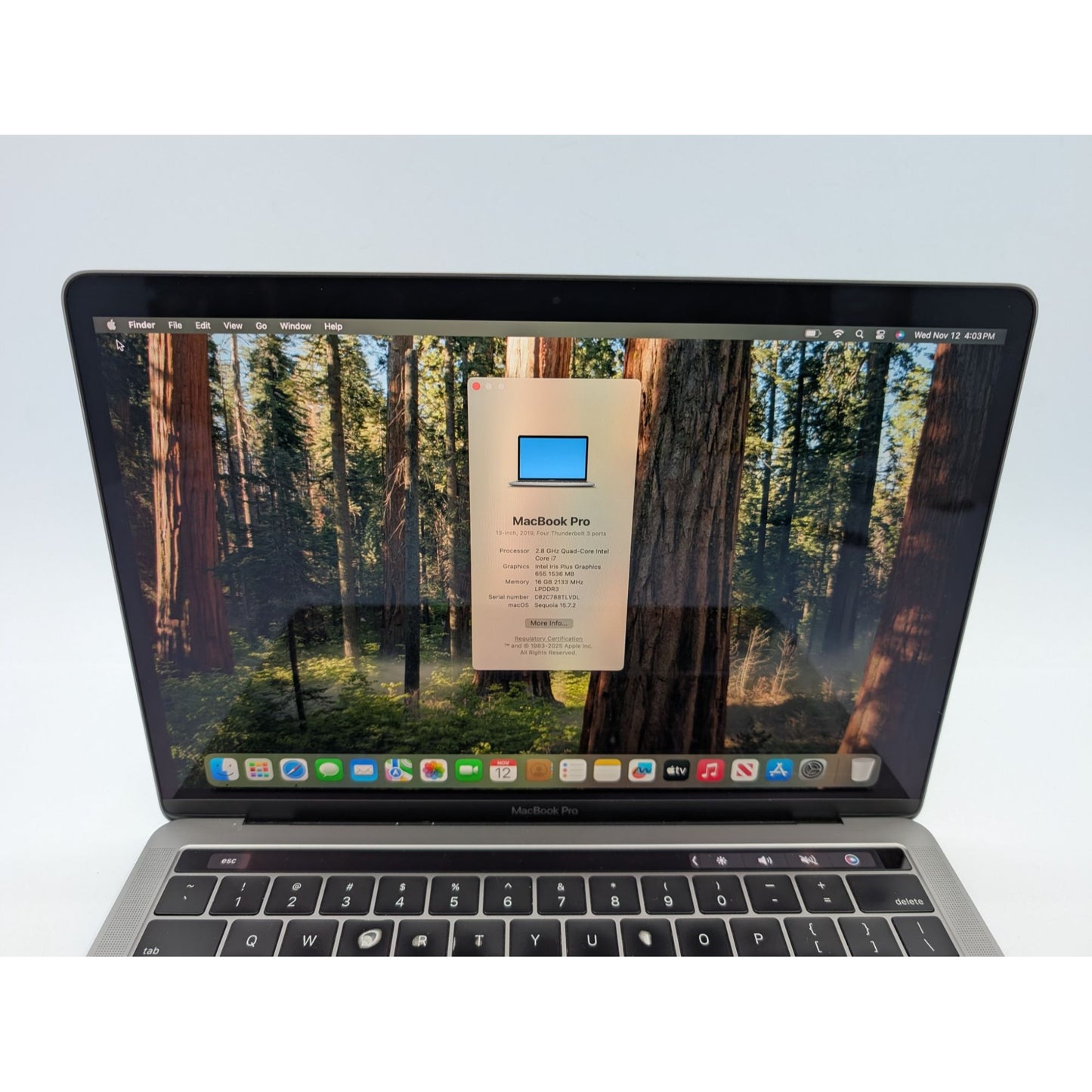 2019 Apple MacBook Pro A1989 13" Intel i7-8569U 16GB RAM 512GB SSD macOS Sequoia