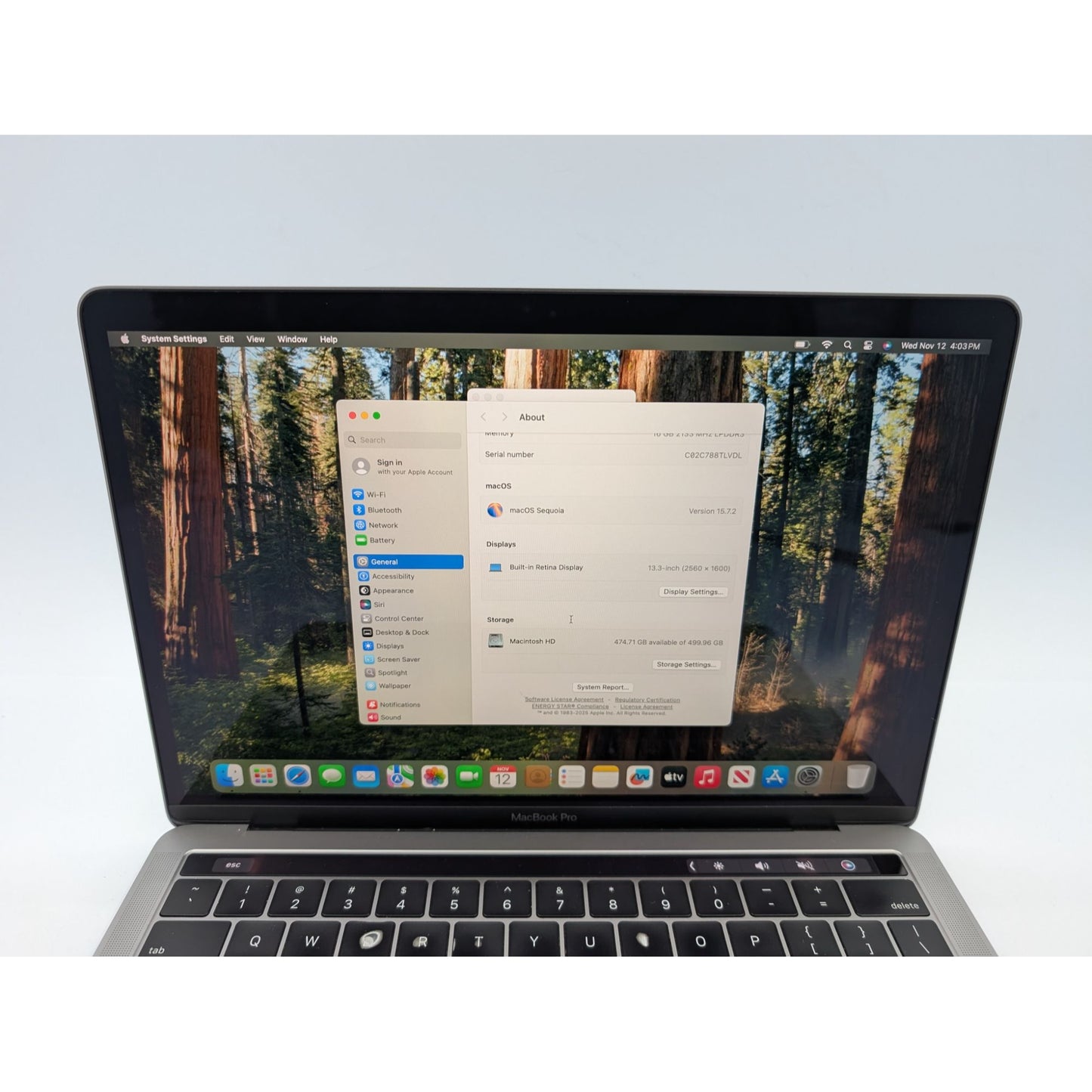 2019 Apple MacBook Pro A1989 13" Intel i7-8569U 16GB RAM 512GB SSD macOS Sequoia