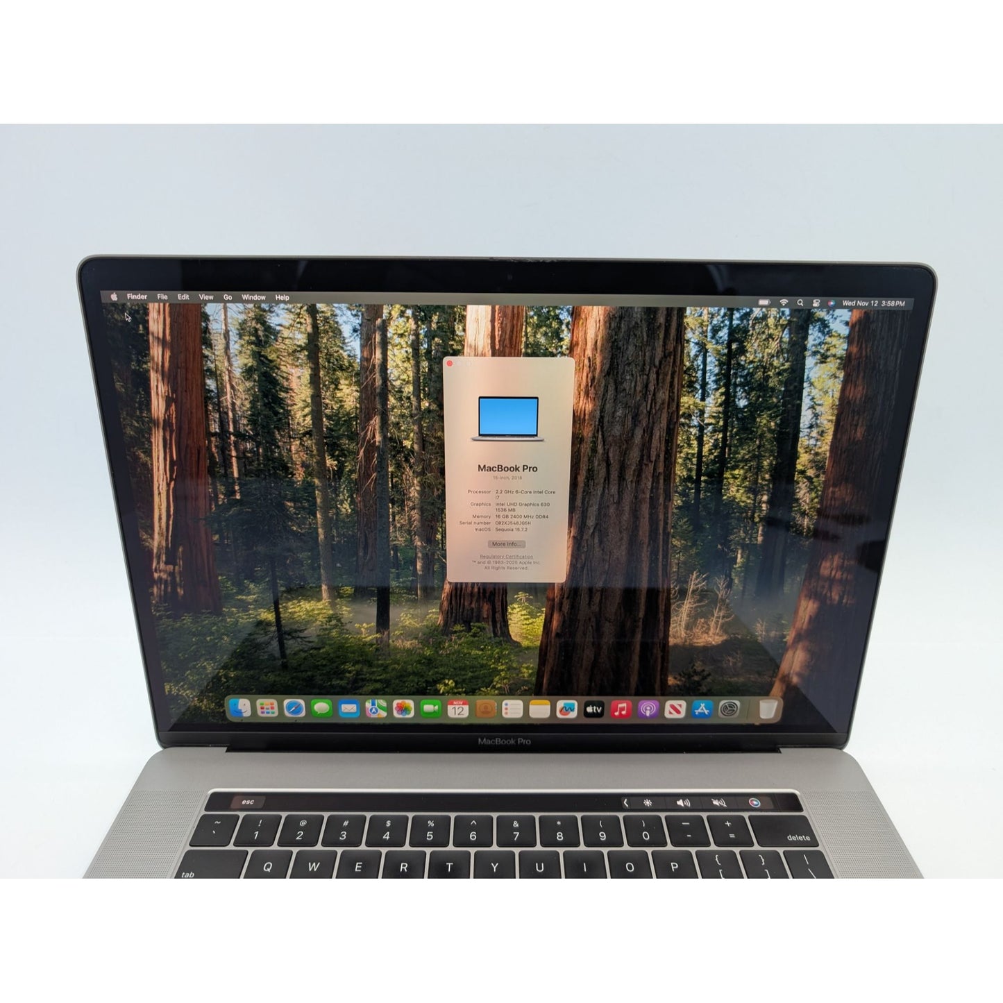 2018 Apple MacBook Pro A1990 15" Intel i7-8750H 16GB RAM 256GB SSD macOS Sequoia