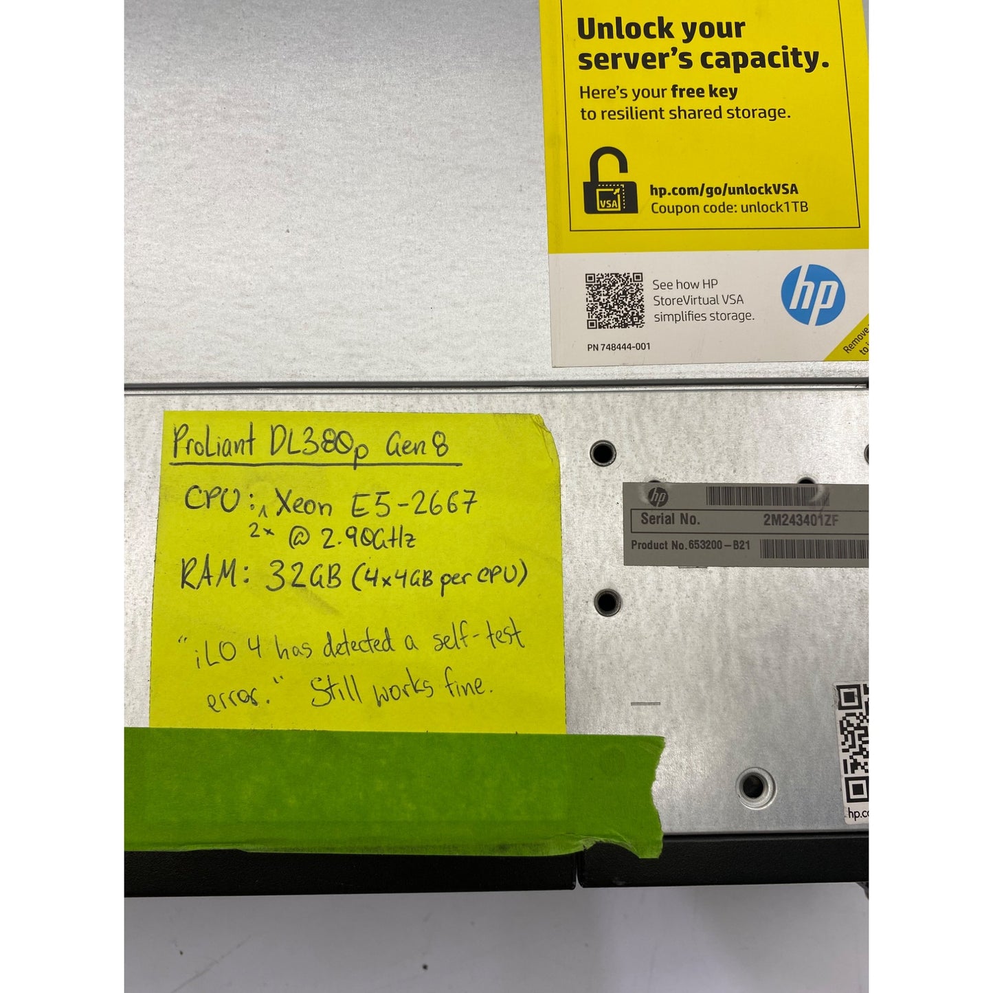 HP ProLiant DL380p Gen8 Server Intel Xeon E5-2667 2.90GHz 32GB RAM iLO 4 Self-Test Error