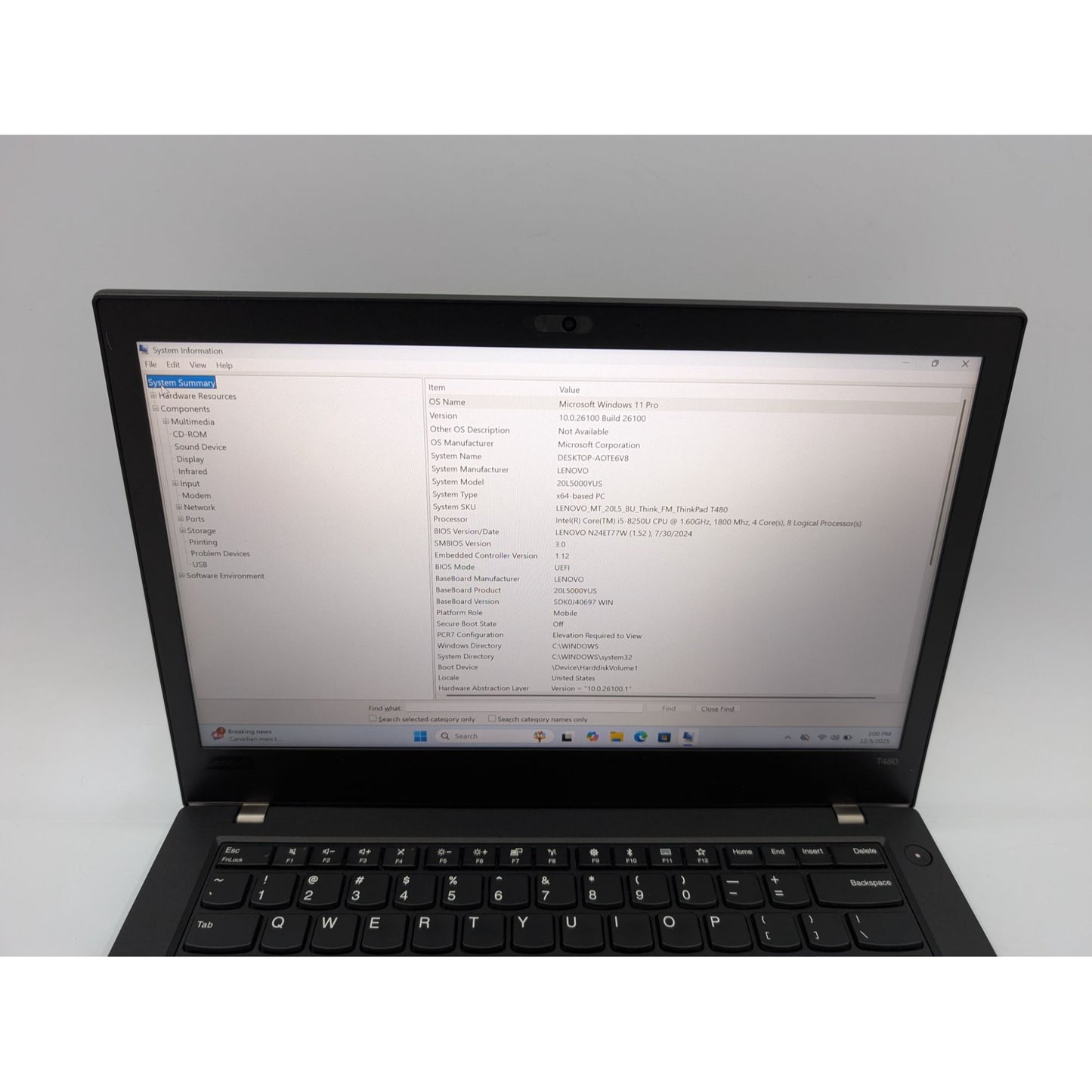 Lenovo ThinkPad T480 14" Intel i5-8250U 1.6GHz 16GB RAM 256GB SSD Win 11 Pro