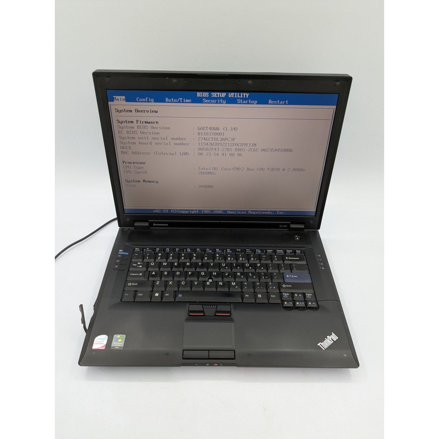 Lenovo ThinkPad SL500 15.4" Display Intel Core 2 Duo T5870 2.00 GHz 2GB RAM